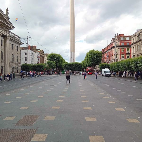 (Photo:) O'Connell street with the outline of the  GPO to the left, the scene of heavy fighting in 1916.